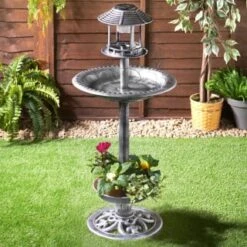 B and M Store -B and M Store 379482 4 in 1 pewter bird bath feeder solar light planter