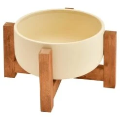 B&M Cream Planter On Wooden Stand -B and M Store 393693 cream planter on wooden stand